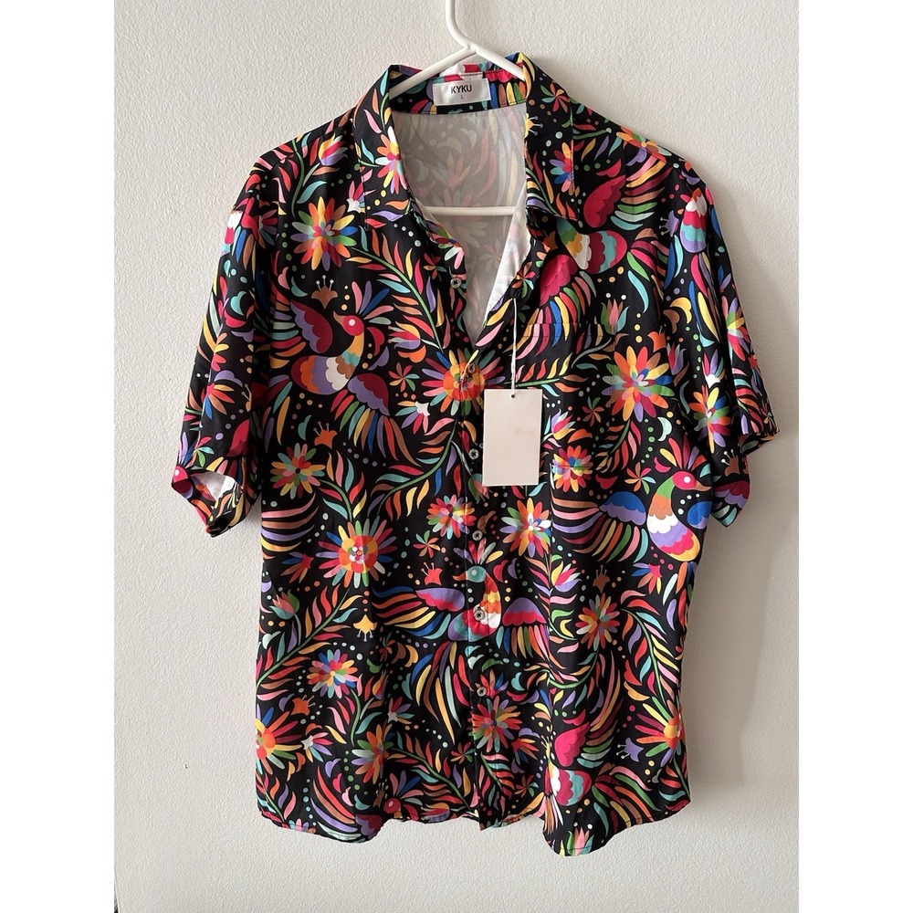 Kyku Men's Size L Hawaiian Button Up Tropical Peacocks Floral Vibrant Cruise NWT